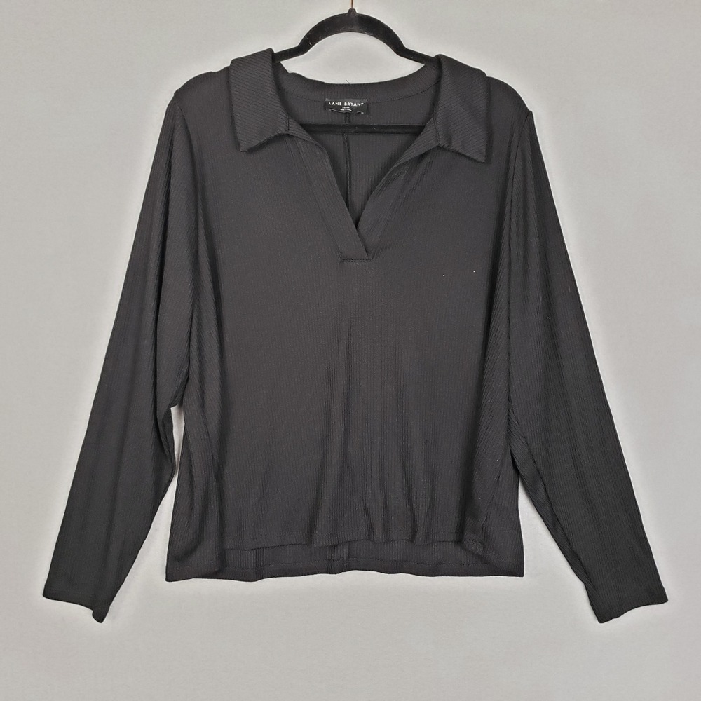 Lane Bryant Plus Size 22/24 Long Sleeve Collared Top Black Ribbed Office‎ Casual